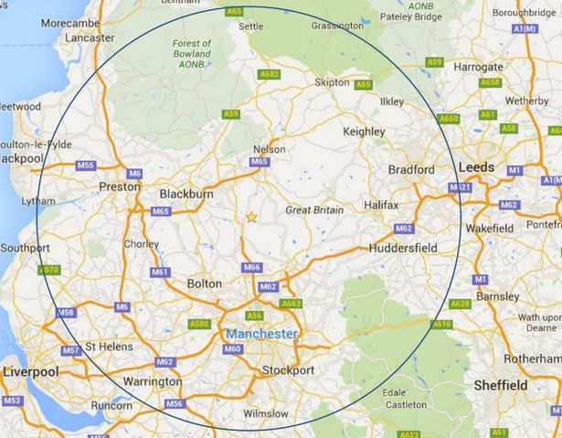 The map of the 30 mile borough radius for taxi drivers addresses. Map from Rossendale Borough Council licensing documents